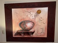 Frontal view of the 3D canvas art showing painted pottery on wooden shelf with carved frame.