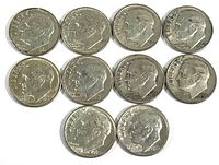 Front side of 10 Roosevelt dimes showing obverse side with Franklin D. Roosevelt profile and dates.