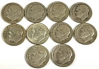 Front view of the lot showing the obverse side of ten silver Roosevelt dimes with visible dates from 1940s to 1960s, demonstrating each coin's design details and condition.