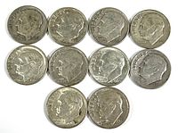 Obverse sides of 10 Roosevelt silver dimes showing dates from 1940s-1960s with circulated wear.