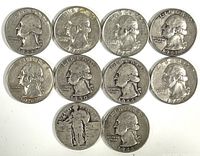 Obverse view of 10 U.S. quarters showing George Washington's portrait. Dates 1942, 1944, 1948, 1950, 1951, 1957, and 1961 visible; worn silver coins with some tarnish.