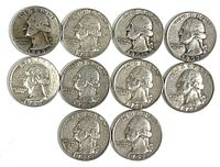 Obverse sides of 10 U.S. Washington quarters minted from 1942 to 1962 showing George Washington's profile and date. Coins are circulated.