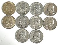 Obverse side of 10 silver Washington quarters, showing George Washington profile with visible years including 1945, 1948, 1953, 1954, 1957