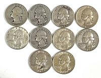 Obverse front side of 10 Washington quarters showing George Washington's profile with dates: 1934, 1946, 1947, 1950, 1951, 1952, 1956, 1957, 1960, and 1962