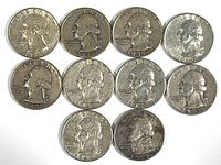 Obverse view of all 10 quarters showing George Washington profile with visible dates spanning 1941 to 1964.