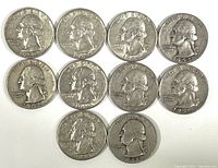 Obverse sides of 10 pre-1965 Washington quarters dated 1948 to 1960 showing wear but clear portraits of George Washington.