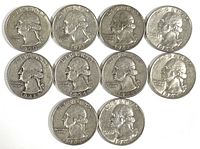 Obverse sides of 10 Washington quarters showing George Washington portrait and dates from 1946 to 1964.