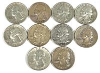 Obverse side of 10 Washington quarters showing George Washington's profile and various years from 1945 to 1959.