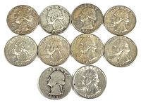 Obverse side of ten Washington quarters showing varied years from 1930s to 1960s with image of George Washington's head facing left, inscriptions LIBERTY and IN GOD WE TRUST visible.