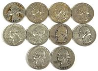 Obverse side of 10 Washington quarters showing George Washington's portrait and dates including 1942, 1947, 1953, 1954, 1961 and multiple 1964 coins.