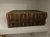 Two volumes of Robert Burns' works stacked on a white shelf with visible spine details showing wear and gilt decoration.