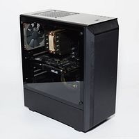 Angled side view showing tempered glass panel, internal GPU and CPU cooler