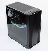 Three-quarter right view of PC showing tempered glass side panel and front mesh
