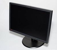 Front view of Lenovo 24-inch monitor showing black bezel with Lenovo logo and control buttons.
