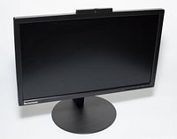 Front angled view of Lenovo black Lenovo ThinkVision T2224z 21.5 inch LED LCD monitor with circular base stand, powered off.