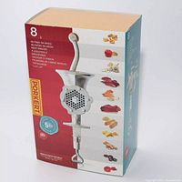 Front side of the boxed Porkert #8 meat grinder showing product image, key features, and food illustrations.