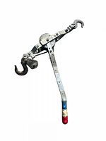 Full view of the heavy duty chain link fence puller tool showing the lever handle with painted grip and hooks for engaging chain/fence.