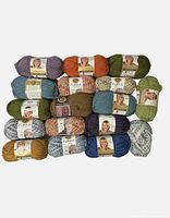 Seventeen skeins of yarn in various colors showing a mix of multicolor and solid yarns with labels visible on some skeins.