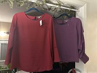 Two long sleeve blouses on hangers, one burgundy with bell sleeves and one purple with regular sleeves, hanging against a window.