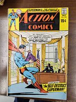 Full front cover of Action Comics No. 390 showing Superman and the President in an office window scene.