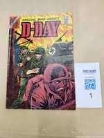 Front cover of the D-Day No.1 comic book displaying soldiers and a tank with a swastika, yellowed and worn edges.