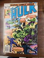 Front cover photo showing full cover image of The Incredible Hulk No. 215 comic book with a colorful action scene of Hulk fighting a super villain. Shows publication info and cover price.