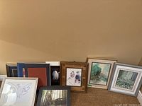 View of the nine framed artworks leaning against a wall showing variety of subjects and frame styles