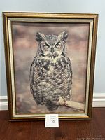 Full view of framed signed owl art print, with wood gold-toned frame and detailed owl image.