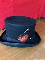 Side angle view of the black wool top hat showing feather badge detail on the hatband.
