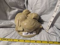 Cement candle holder featuring three birds on a circular base, with measuring tapes showing size approximately 6 inches tall and 12 inches wide.