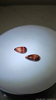 Two red tiger's eye pear cabochon gemstones viewed under direct light showing flash effect and banding.