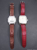 Two wristwatches side by side displaying straps and cases