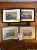 Four framed antique architecture prints photographed laid on wood floor showing condition and measurements.
