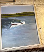 Frontal view of the painting showing the white boat on water with green shoreline and sky.