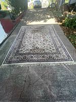 Full view of the beige multicolored Karastan rug laid out on concrete, showing the overall pattern and fringe detailing.