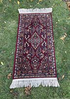 Full view of Karastan Red Sarouk rug on grass, showing its detailed floral medallion and border patterns with white fringe ends.