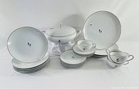 Full set of Fukagawa China dinnerware items displayed on white background: plates, cups, saucers, tureen with lid.