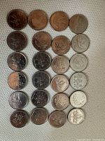 Thirty-nine Canadian commemorative quarters arranged in rows on a light fabric surface. The quarters feature various designs including animals, symbols, and historical images in good circulated condition.