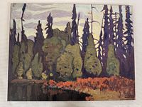Full view of recreated painting showing forest trees and red foliage under cloudy sky, signed Lawren Harris lower right.