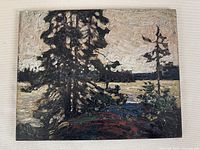 Full view of recreated painting on panel showing landscape scene with textured brush strokes replicating original Tom Thomson painting.