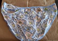 Front view of blue floral print women's panties with tags attached, highlighting pattern and fabric texture.