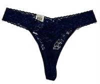 Front view of the navy sea lace thong underwear showing floral lace pattern and tag attached.