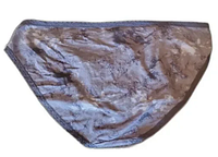 Front side view of purple tiedye bikini underwear showing lace trim and fabric pattern.