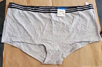 Front view of heather grey boyshort underwear with black and white striped waistband and tag attached