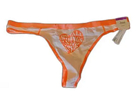 Front view of the peach and orange trimmed thong featuring heart graphic with text.