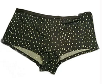 Black boyshort style underwear with white irregular polka dots on a plain background.