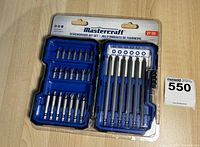 Closed view of the Mastercraft screwdriver bit set in blue plastic case with molded bit slots visible through clear plastic packaging.