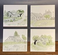 Front view of all four hand-painted ceramic tiles arranged in a 2x2 grid showing rural landscape scenes with buildings, trees, and paths.