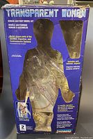 Front view of the Transparent Woman Human Anatomy Model Kit box showing the silhouette of the model with internal anatomical systems visible through transparent plastic and text descriptions.