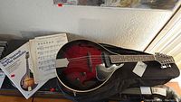 Mandolin in soft case with method book and loose sheet music on table